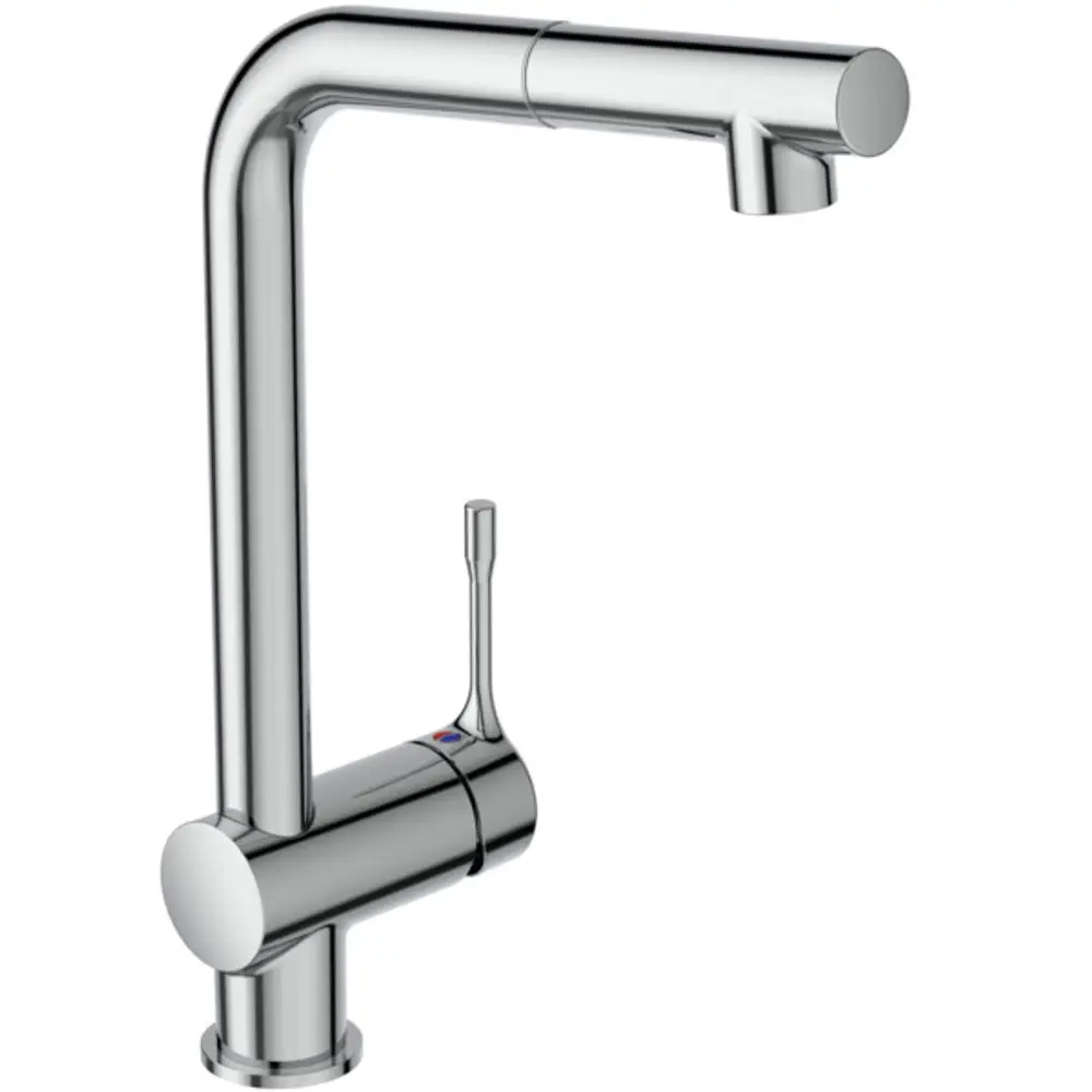 Küchenarmatur aus Chrom mit hohem Auslauf von Ideal Standard. Der Hebel zur Steuerung der Wassertemperatur und -menge befindet sich an der Seite.